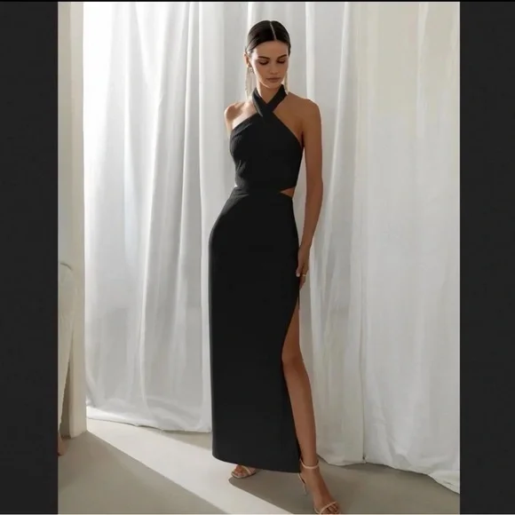 Commense  Crisscross Cutout Halter Split Knit Long Black Maxi Dress small - Picture 2 of 4